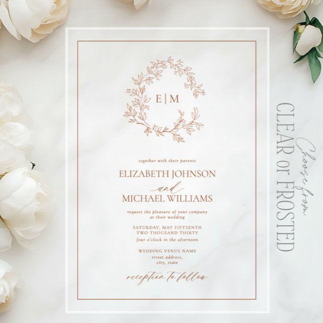 Modern Terracotta Leafy Crest Monogram Wedding Acrylic Invitations (Creator Uploaded)