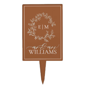 Modern Terracotta Leafy Crest Monogram Wedding Cake Pick