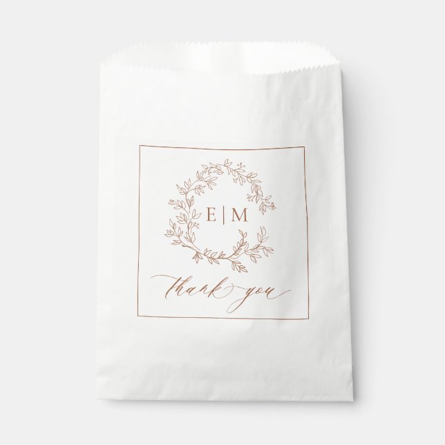 Modern Terracotta Leafy Crest Monogram Wedding Favour Bags (Front)