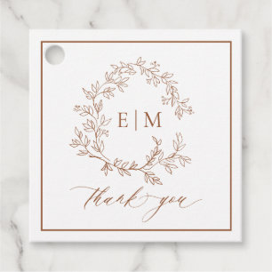 Modern Terracotta Leafy Crest Monogram Wedding Favour Tags