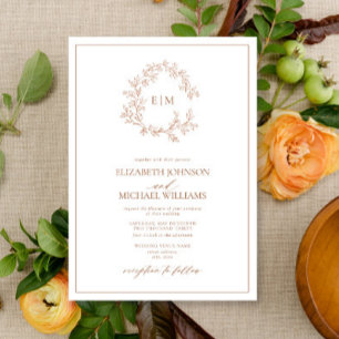 Modern Terracotta Leafy Crest Monogram Wedding Invitation