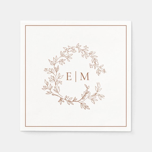Modern Terracotta Leafy Crest Monogram Wedding Napkin (Front)