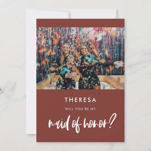 Modern terracotta Maid of Honour proposal card (Front)