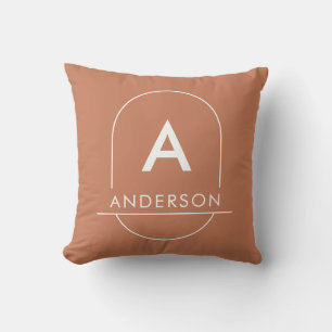 Modern Terracotta Minimalist Family Name Monogram Cushion