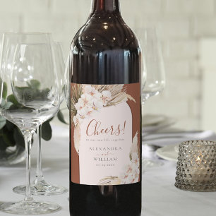 Modern Terracotta Pampas Grass Floral Wedding Wine Label
