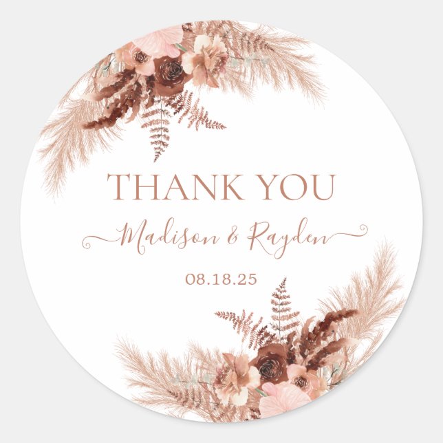 Modern Terracotta Pampas Wedding Thank you Classic Classic Round Sticker (Front)