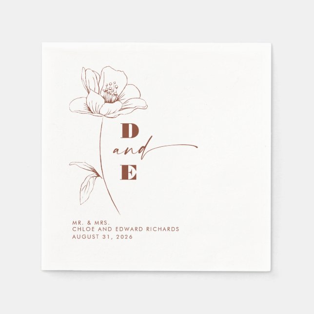 Modern Terracotta Peony Flower Couple Monogram Napkin (Front)