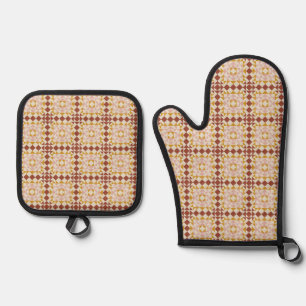 Modern Terracotta Quilt Block Geometric Pattern Oven Mitt & Pot Holder Set