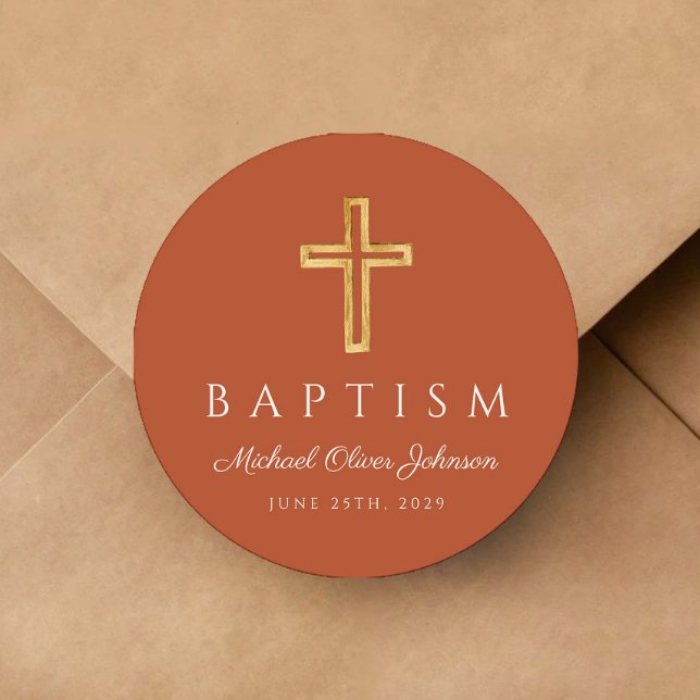 Modern Terracotta Religious Cross Baptism Classic Round Sticker (Modern Terracotta Religious Cross Baptism Classic Round Sticker)