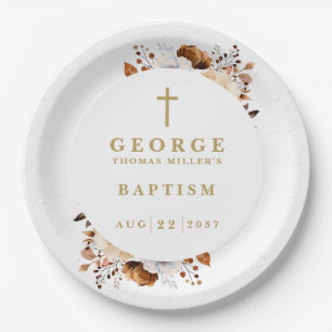 Modern Terracotta Rustic Fall Floral Baptism Paper Plate