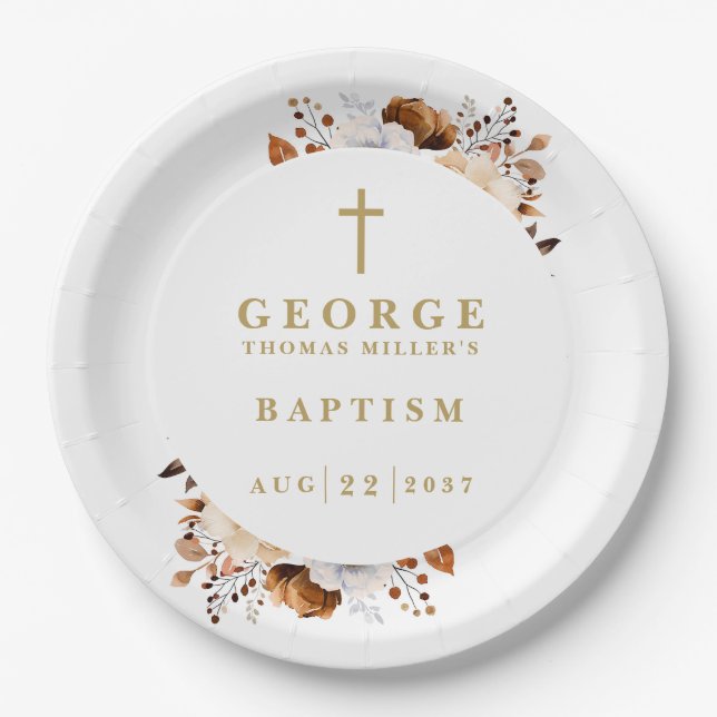 Modern Terracotta Rustic Fall Floral Baptism Paper Plate (Front)
