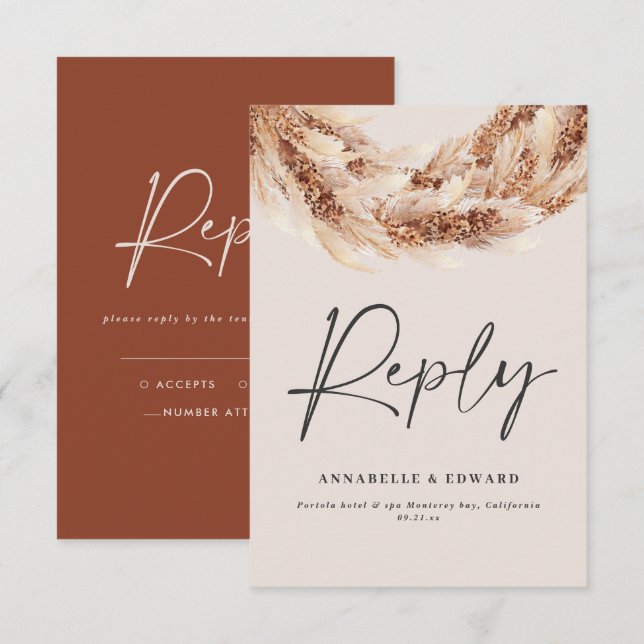 Modern terracotta rustic pampas grass wedding RSVP (Front/Back)