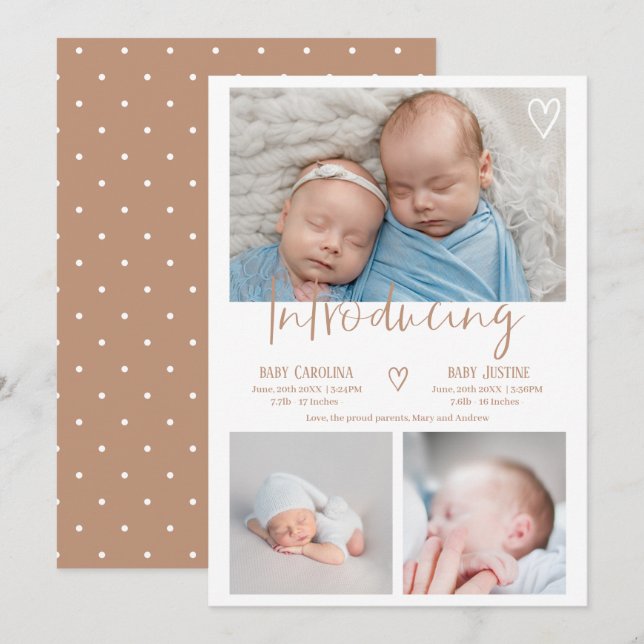 Modern terracotta script 3 photo baby twins birth announcement (Front/Back)