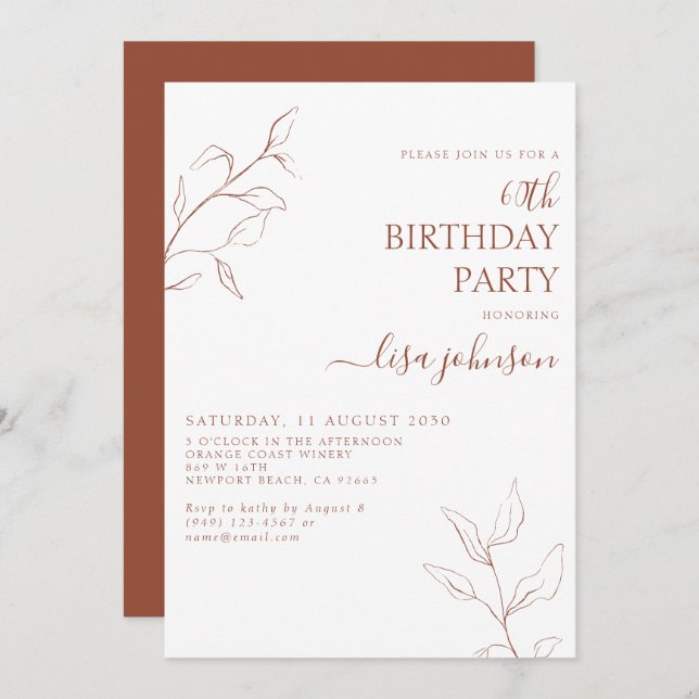 Modern Terracotta Script Botanical 60th Birthday Invitation (Front/Back)