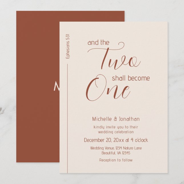 Modern Terracotta Script Christian Bible Wedding Invitation (Front/Back)