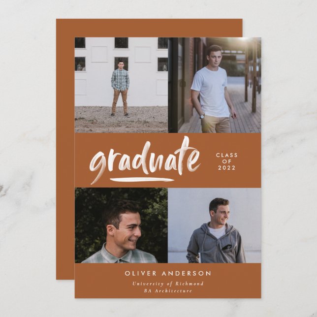 Modern terracotta script multi photo graduation invitation (Front/Back)