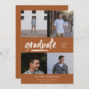 Modern terracotta script multi photo graduation invitation