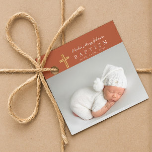 Modern Terracotta Script Photo Baptism Thank You Favour Tags