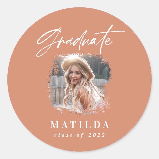Modern terracotta script photo elegant graduation classic round sticker (Front)