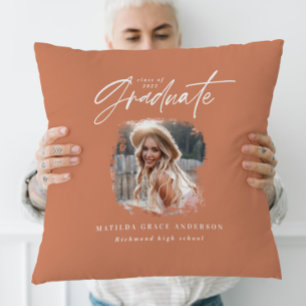 Modern terracotta script photo elegant graduation cushion