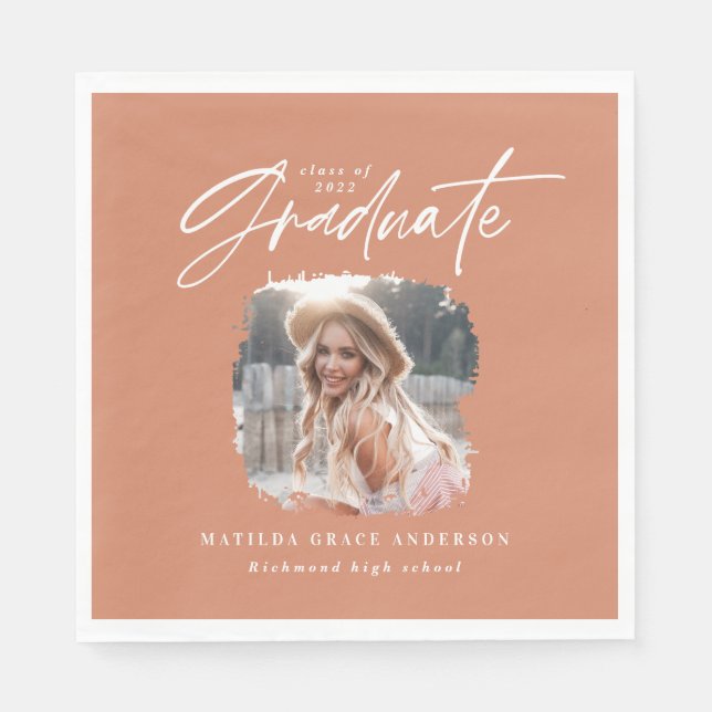 Modern terracotta script photo elegant graduation napkin (Front)