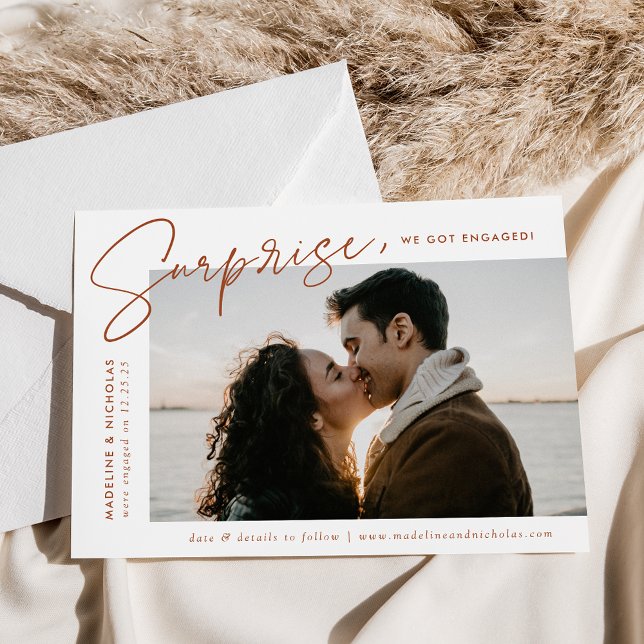 Modern Terracotta Script Surprise Photo Engagement Announcement (Creator Uploaded)