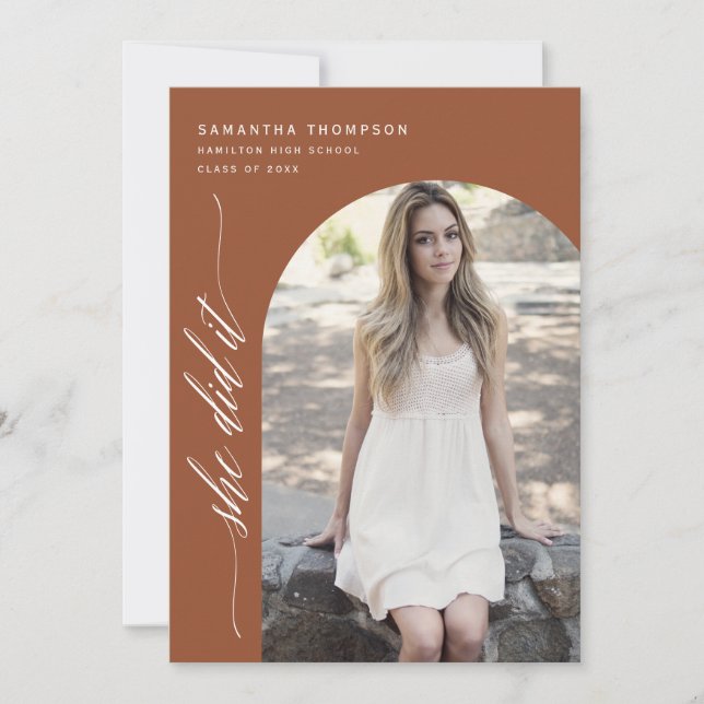 Modern Terracotta She Did It Graduation Arch Photo Invitation (Front)