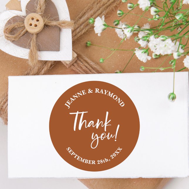 Modern Terracotta Thank You Script Wedding Favour Classic Round Sticker (Modern terracotta favor sticker adds warm script elegance to wedding thank you gifts.)