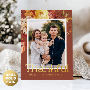 Modern Terracotta Thankful Gold Foil Autumn Floral Foil Holiday Card