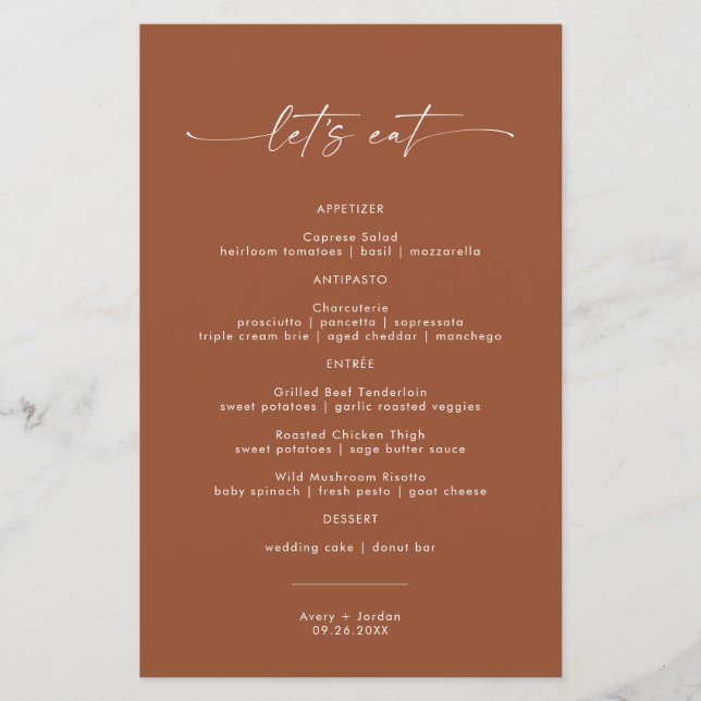 Modern Terracotta Wedding Dinner Menu Let's Eat (Front)