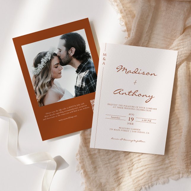 Modern Terracotta Wedding Photo QR Code  Invitation (Creator Uploaded)