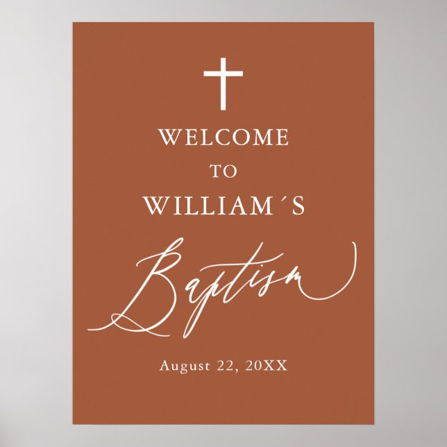 Modern Terracotta White Cross Baptism Welcome Sign (Front)