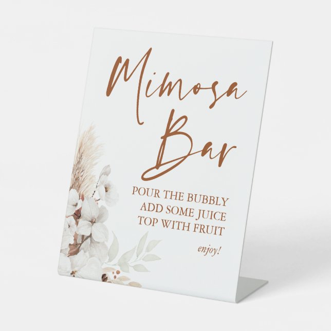 Modern Terracotta White Floral Boho Mimosa Bar Pedestal Sign (Front)