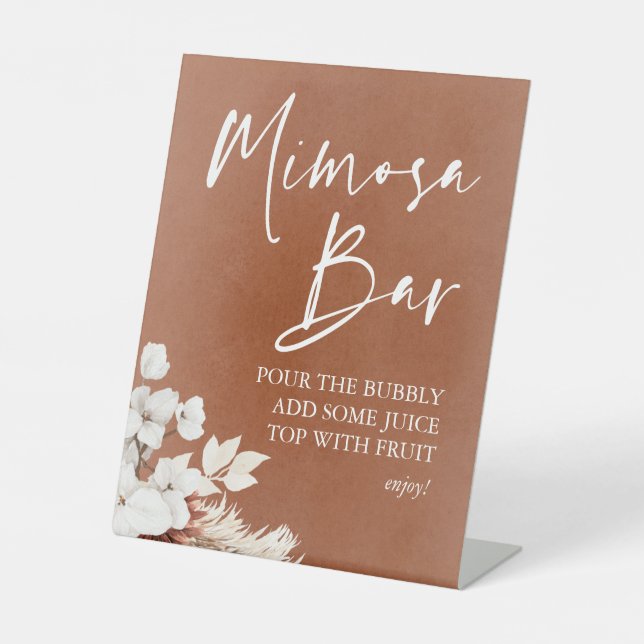 Modern Terracotta White Floral Boho Mimosa Bar Pedestal Sign (Front)