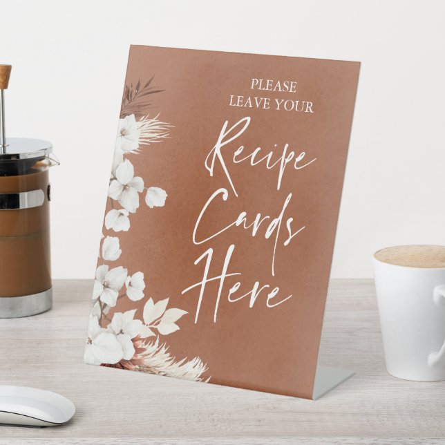 Modern Terracotta White Floral Recipe Cards Here Pedestal Sign (In SItu)