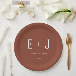 Modern Terracotta & White Monogram Wedding Party Paper Plate