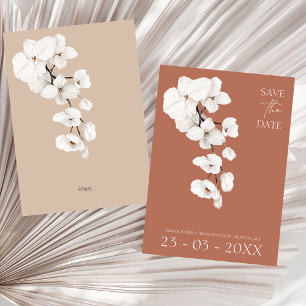 Modern Terracotta White Orchids Flowers Wedding Save The Date