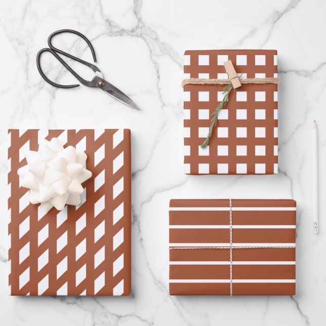 Modern terracotta white stripes plaid grid pattern wrapping paper sheet (Front)