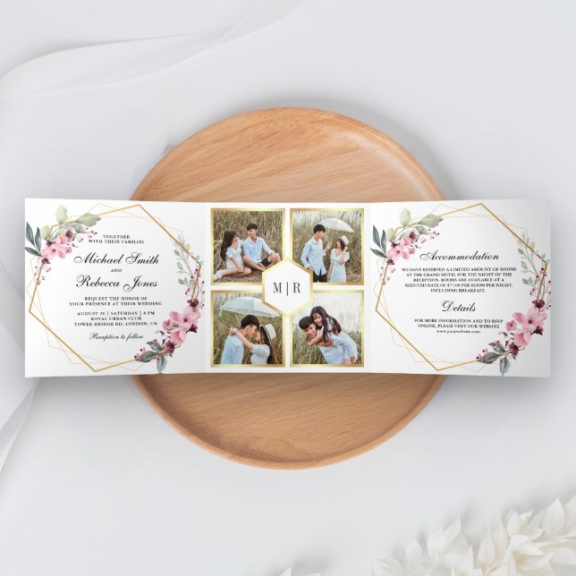 Modern Terrarium Pink Floral Photo Collage Wedding Tri-Fold Invitation (Creator Uploaded)