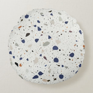 Modern Terrazzo Tile Decorative Blue Grey White Round Cushion