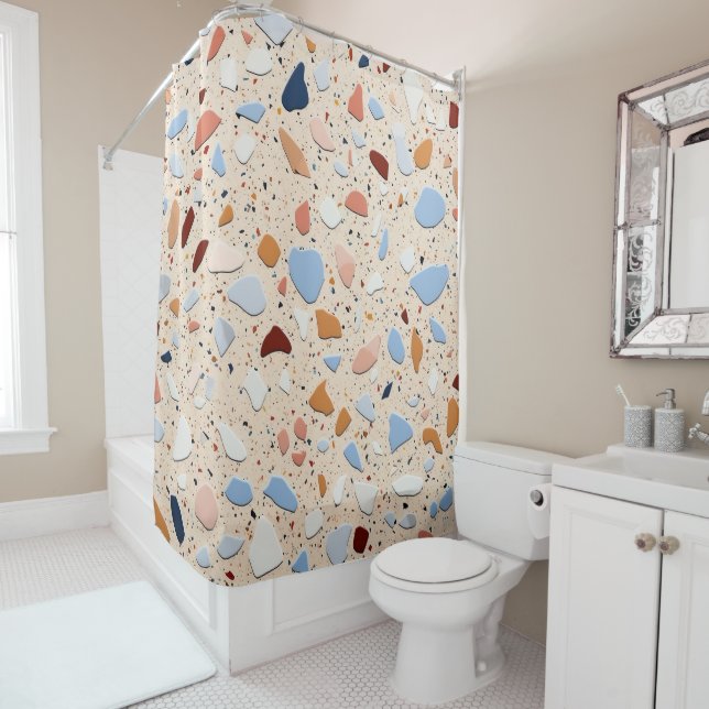 Modern Terrazzo Tile Design Orange Red Cream  Shower Curtain (In Situ)