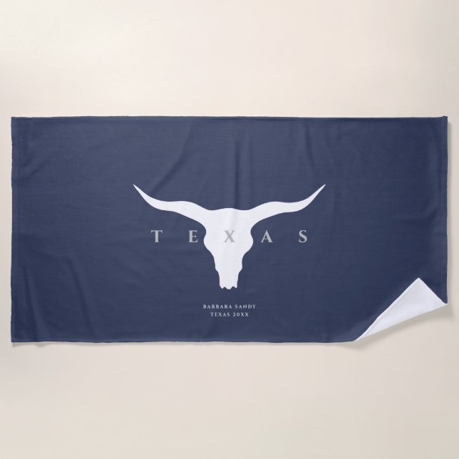 Modern Texas Longhorn Summer Custom Name Blue Beach Towel (Front)