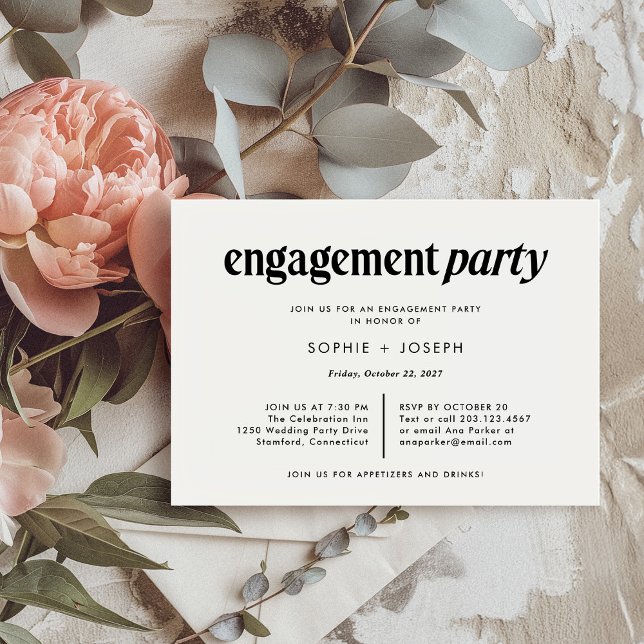 Modern Text | Black and White Engagement Party Invitation (Creator Uploaded)