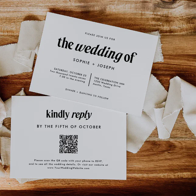 Wedding Invitations Textformat Modern Text | Black and White Wedding with QR Code Invitation | Zazzle