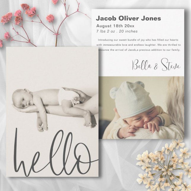 Modern Text Hello Photo Baby Announcement (Creator Uploaded)