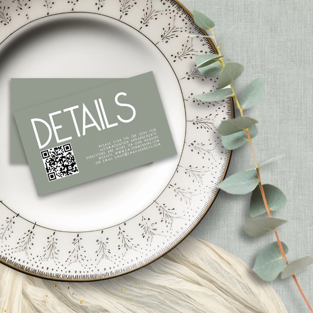 Modern Text QR Code Sage Green Wedding Details Enclosure Card (Front and back view mini 3.5 x 2" enclosure)