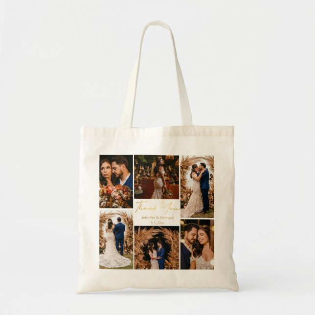 modern thank you 6 photos collage wedding golden  tote bag (Front)