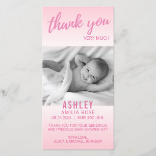 Modern Thank You Baby Shower Girl Pink   Add PHOTO Card
