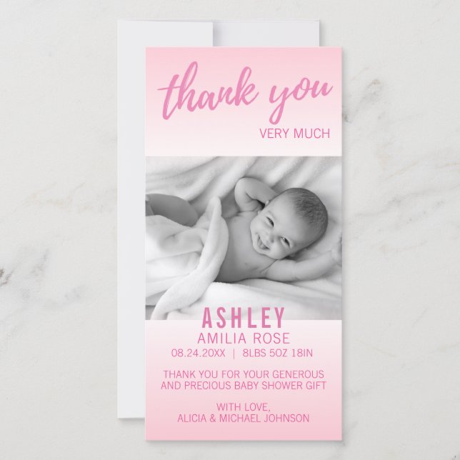 Modern Thank You Baby Shower Girl Pink | Add PHOTO Card (Front)