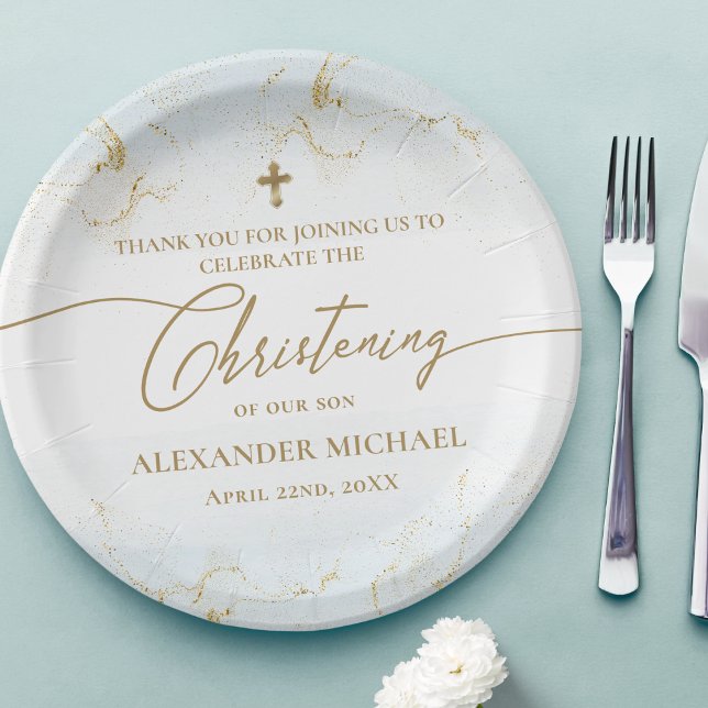 Modern Thank You Blue Gold Cross Boy Christening Paper Plate (Creator Uploaded)